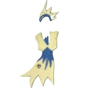 Vintage Sharon Roslund ‘97 Two Piece Ceramic White and Blue Brooch